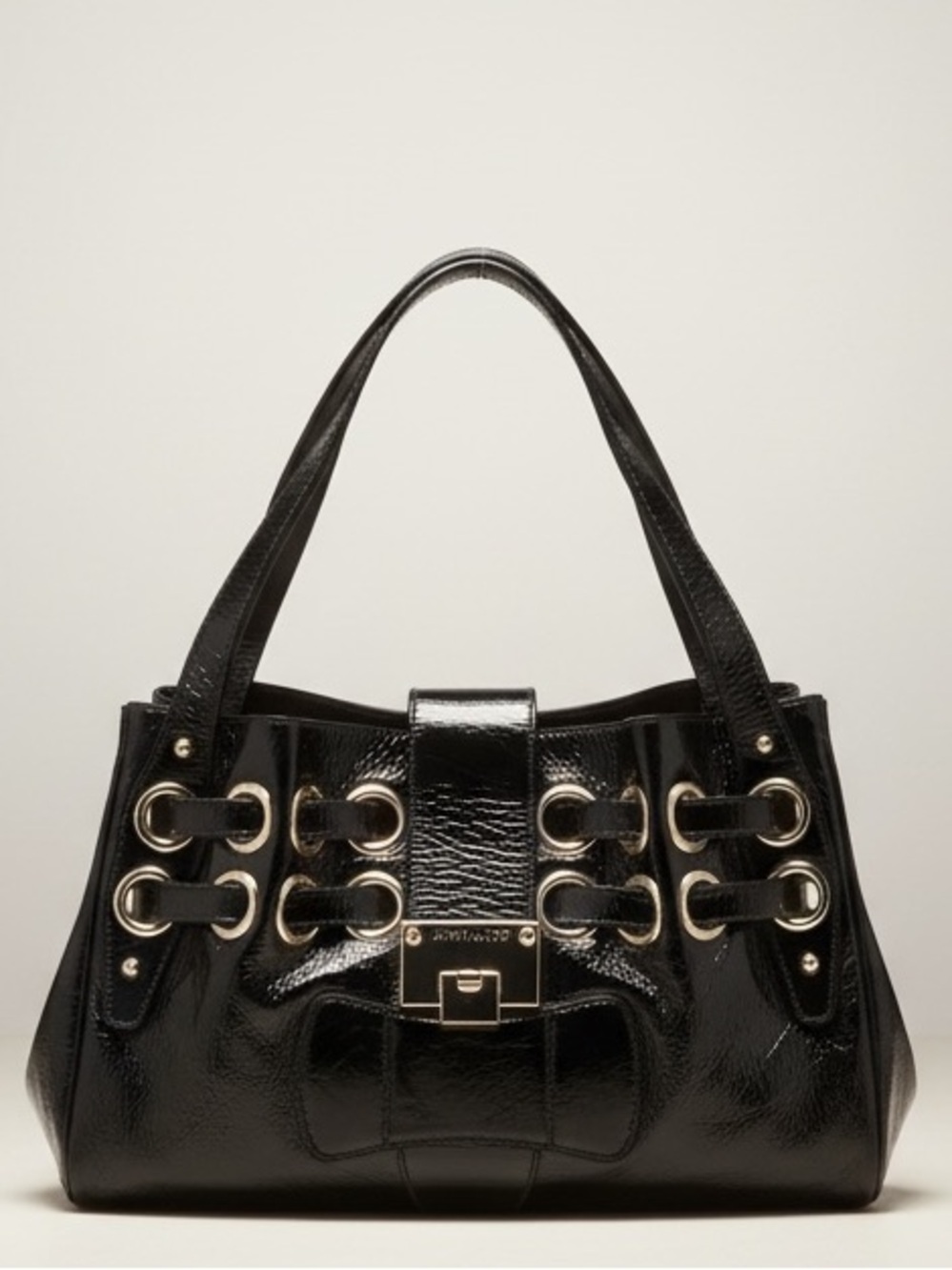 Jimmy Choo Ramona Leather Shoulder Bag Tote Satchel Hobo Logo Pockets Black Gold